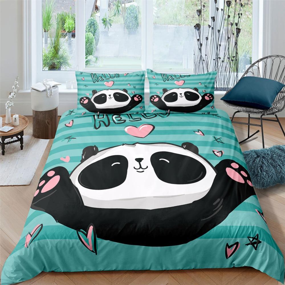 Cute Panda and Bunny in Crescent Moon, Blue Toddler Bedding, Duvet